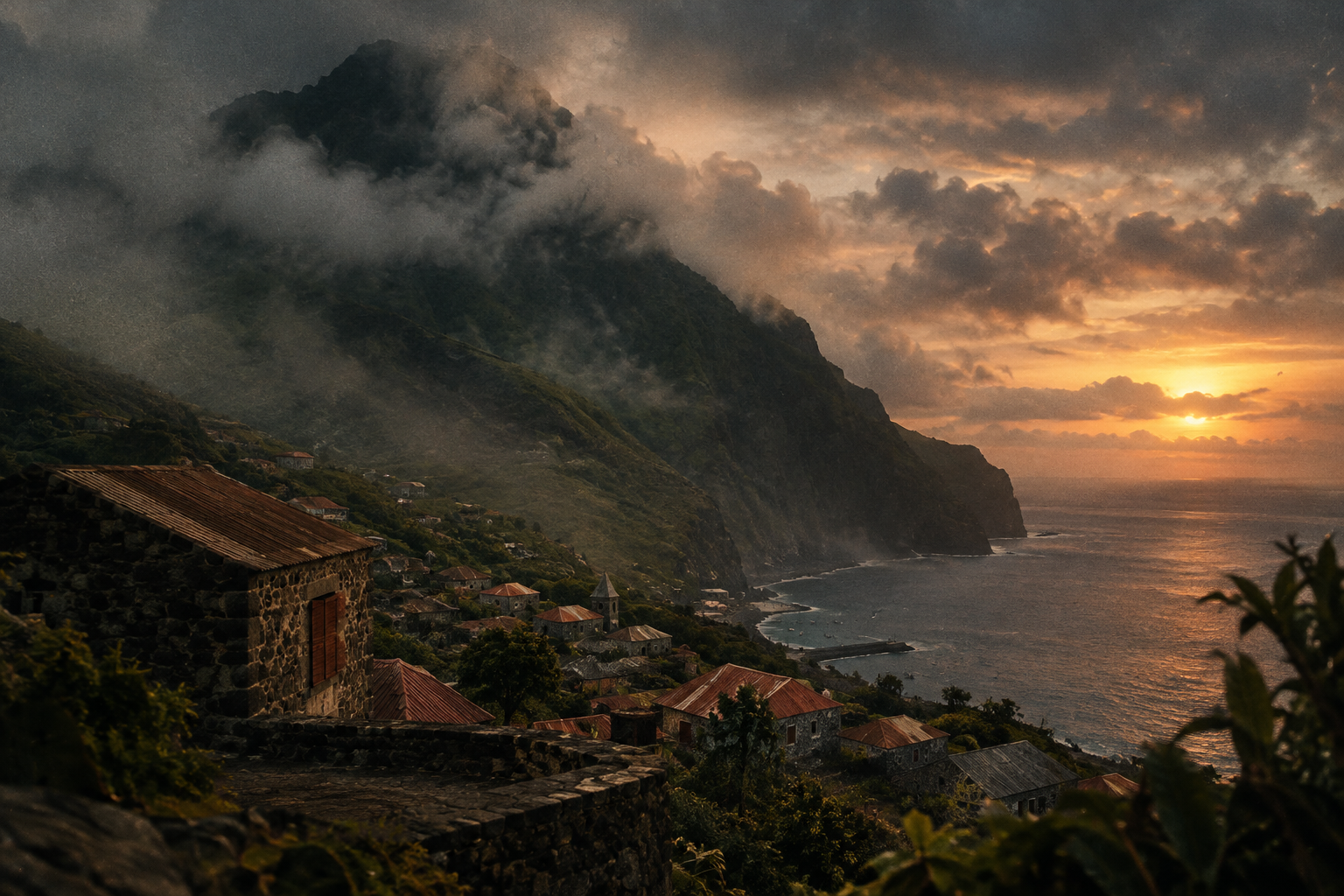 Mist-covered cliffs of Saba at dusk with archival film-grain texture over the sea and historic stone rooftops