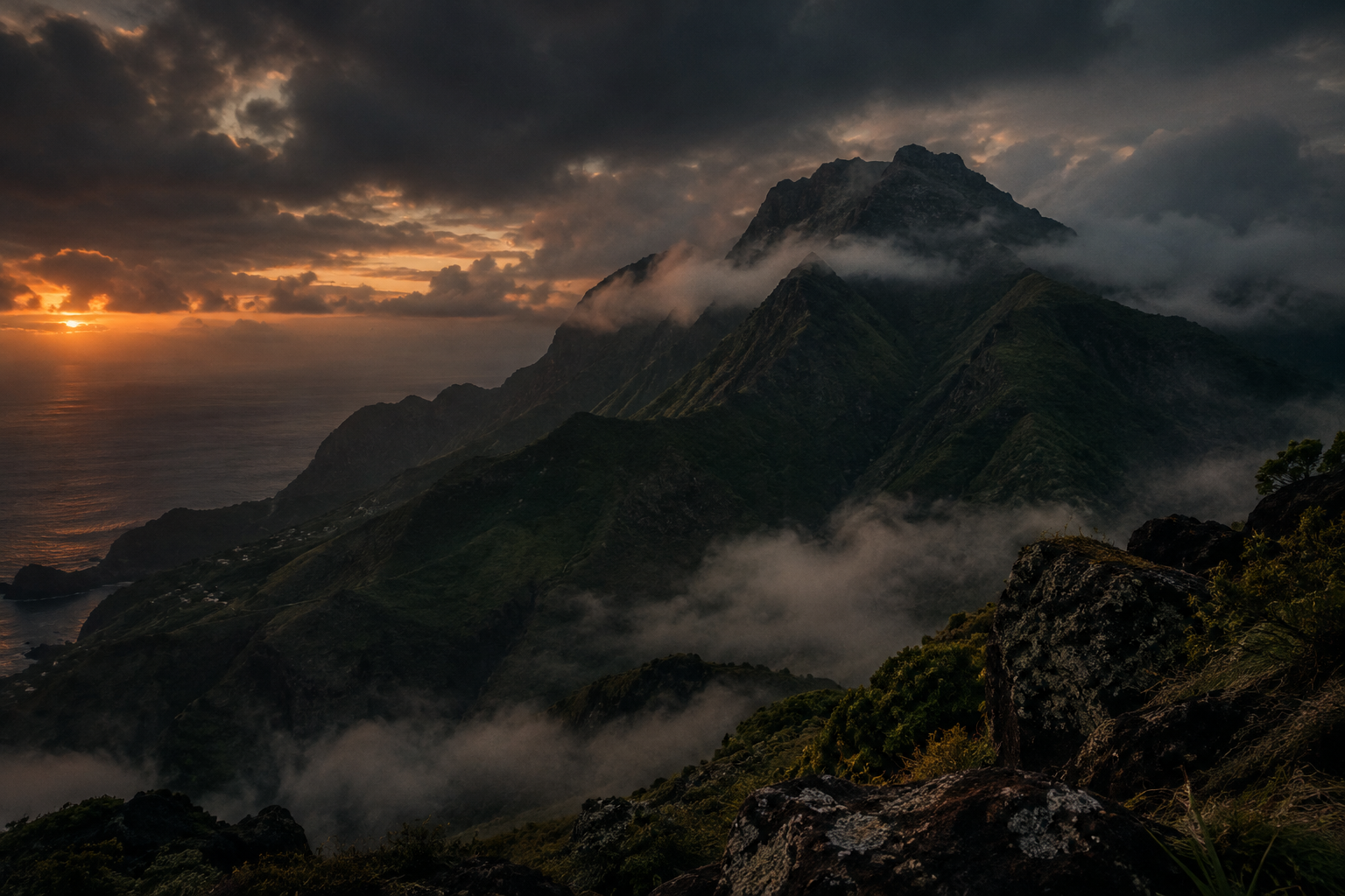 Cinematic view of Saba's volcanic ridges with layered mist, weathered terrain textures, and dramatic cloud cover at dusk
