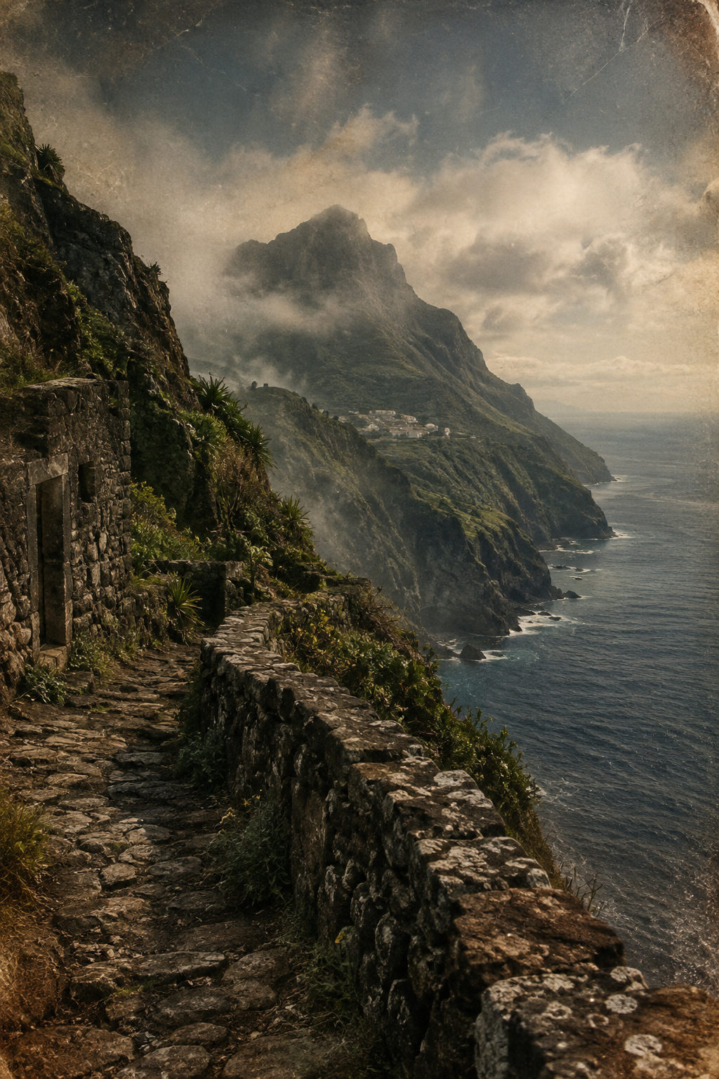 Archival-inspired coastal cliffside scene on Saba with weathered stone textures, layered mist, and documentary mood