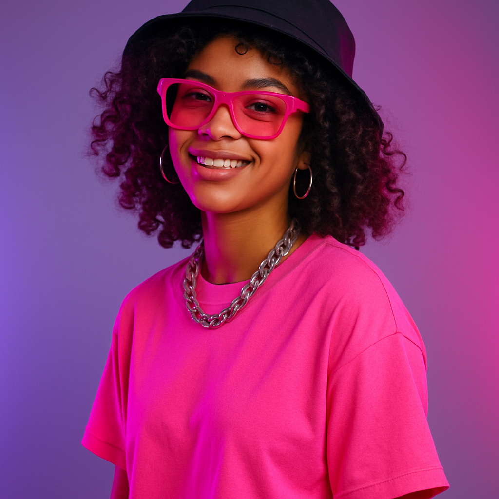 Portrait of Maya in a bright oversized tee with urban styling