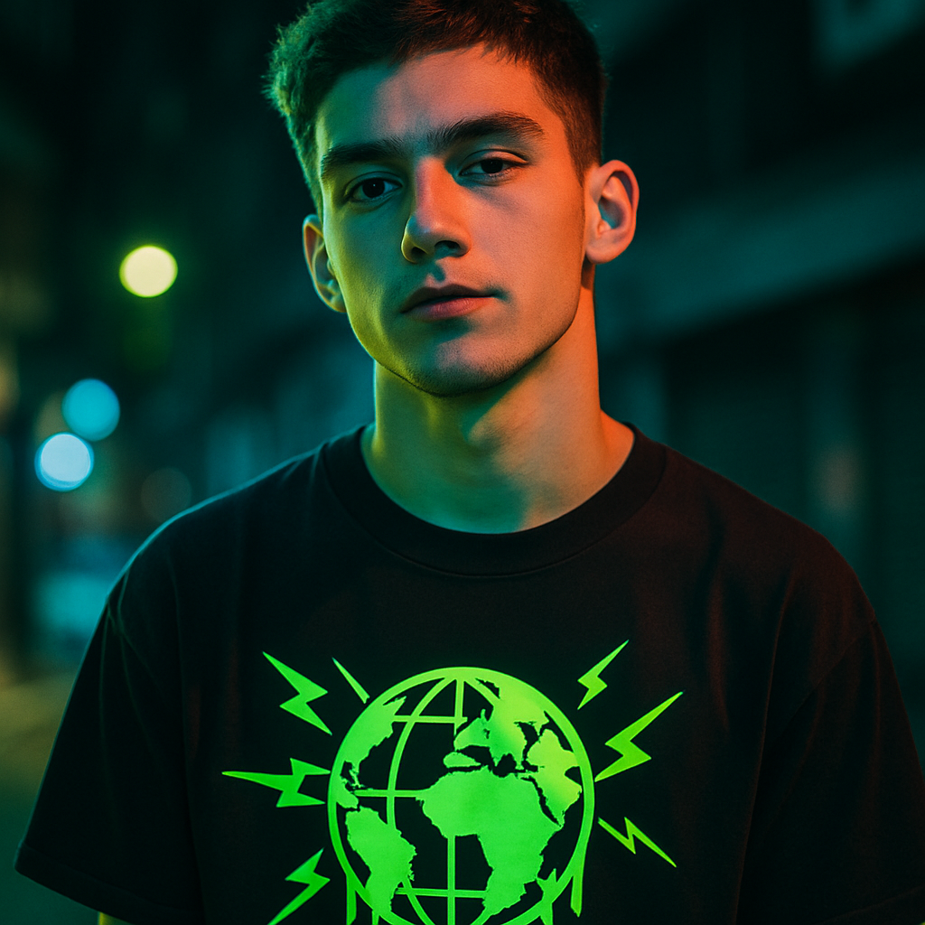 Portrait of Ryan in a bold black tee with neon graphics