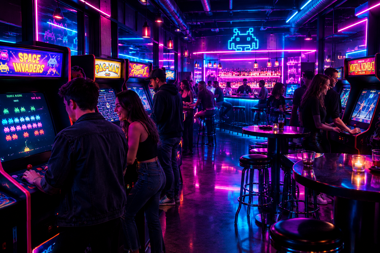 Neon-lit arcade bar interior with classic cabinets, glowing signs, and guests enjoying games and cocktails