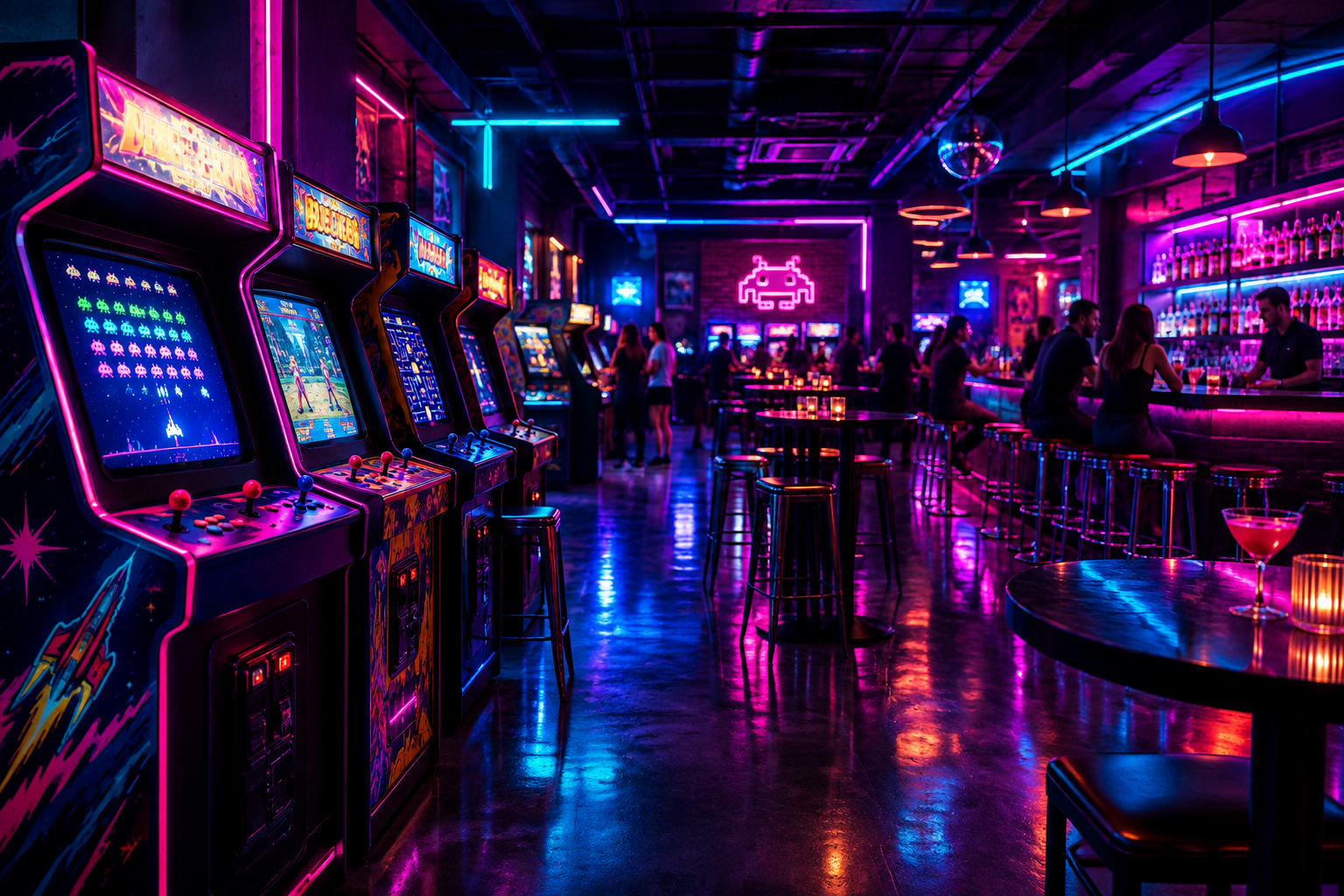 Glowing retro arcade cabinets reflected on a polished bar floor under pink and cyan neon lights