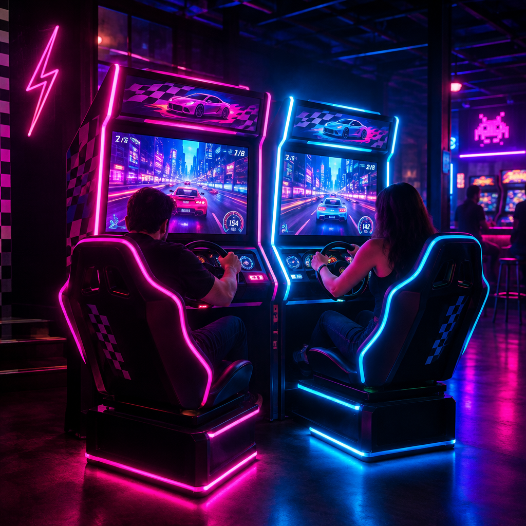 Neon-lit arcade racing setup with glowing cabinets and players leaning in