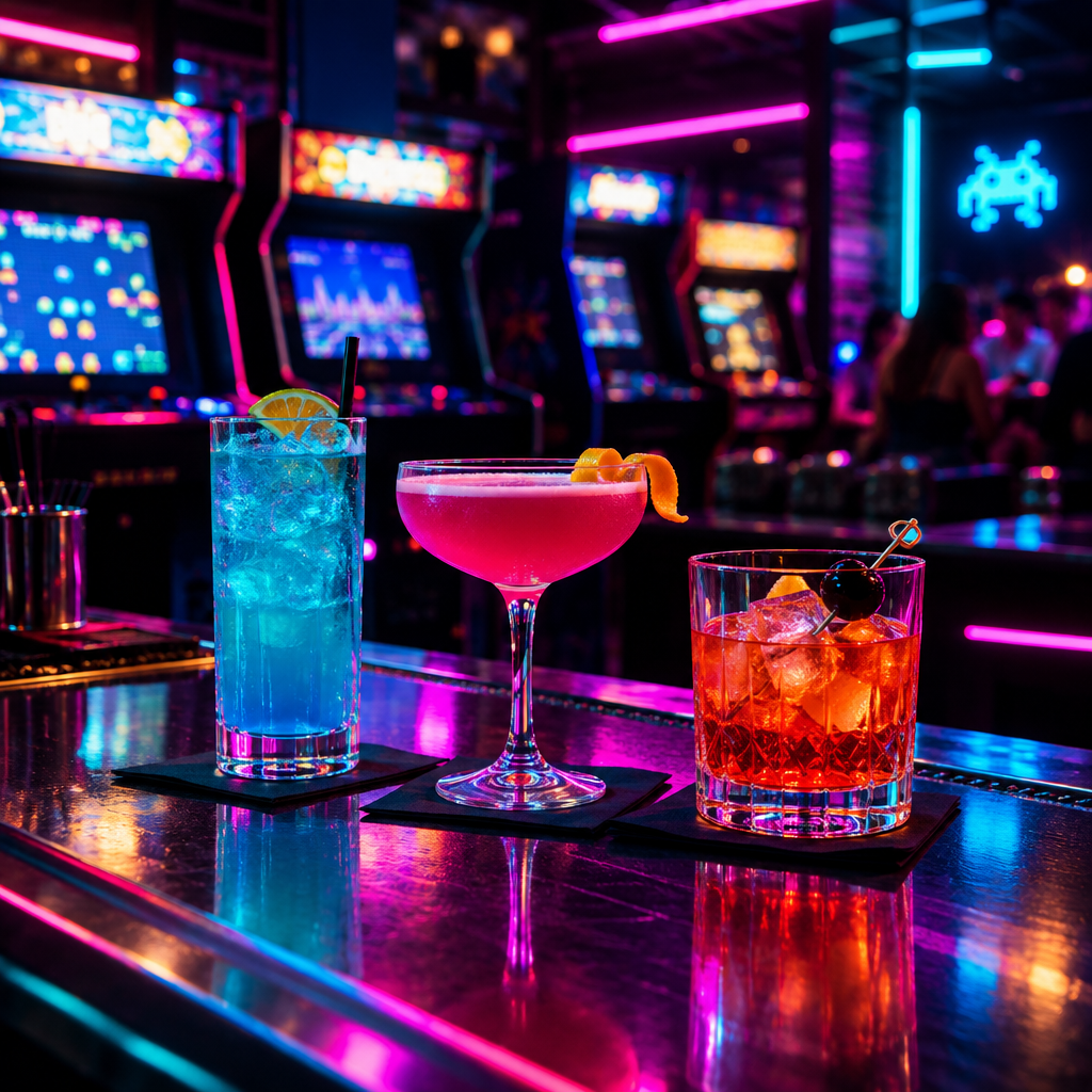 Colorful cocktail lineup on a neon arcade bar counter with ambient glow