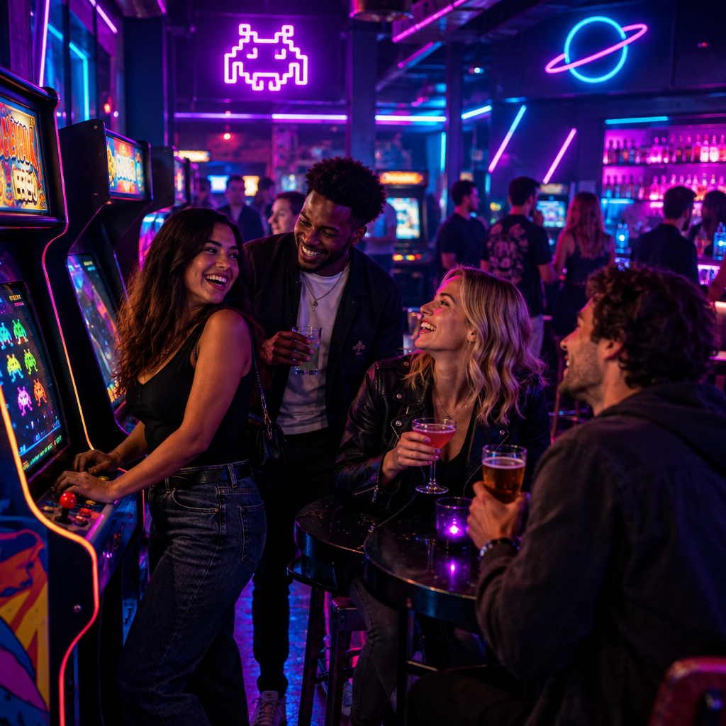 Late-night crowd gathered under neon lights in a retro arcade lounge