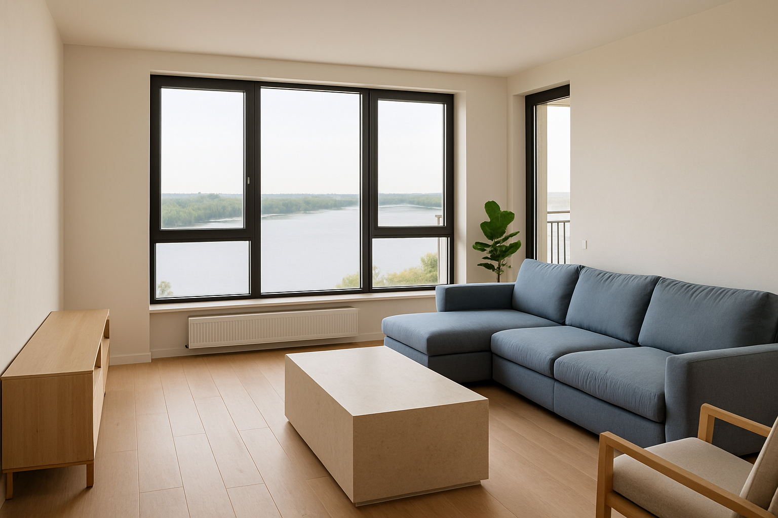 Modern apartment with wide windows, a blue-gray sectional and river views