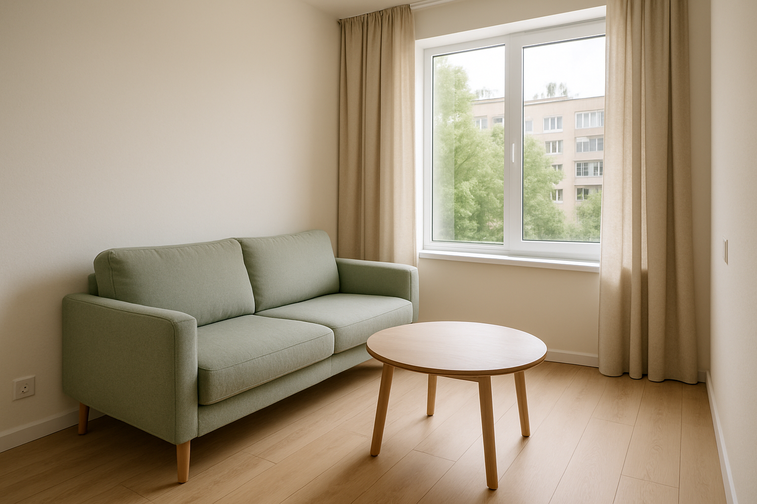 Bright compact apartment with pale oak flooring and a sage sofa