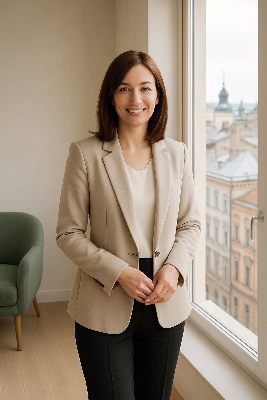 Olha Melnyk in a bright Kyiv apartment with city rooftops visible through the window