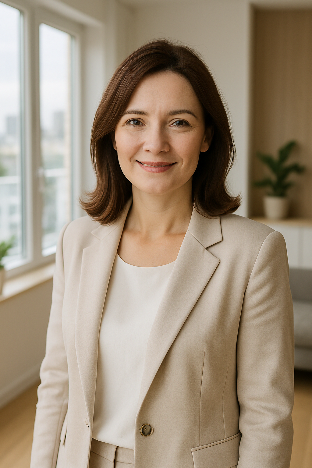 Olha Melnyk in a bright Kyiv apartment, wearing a tailored light beige blazer
