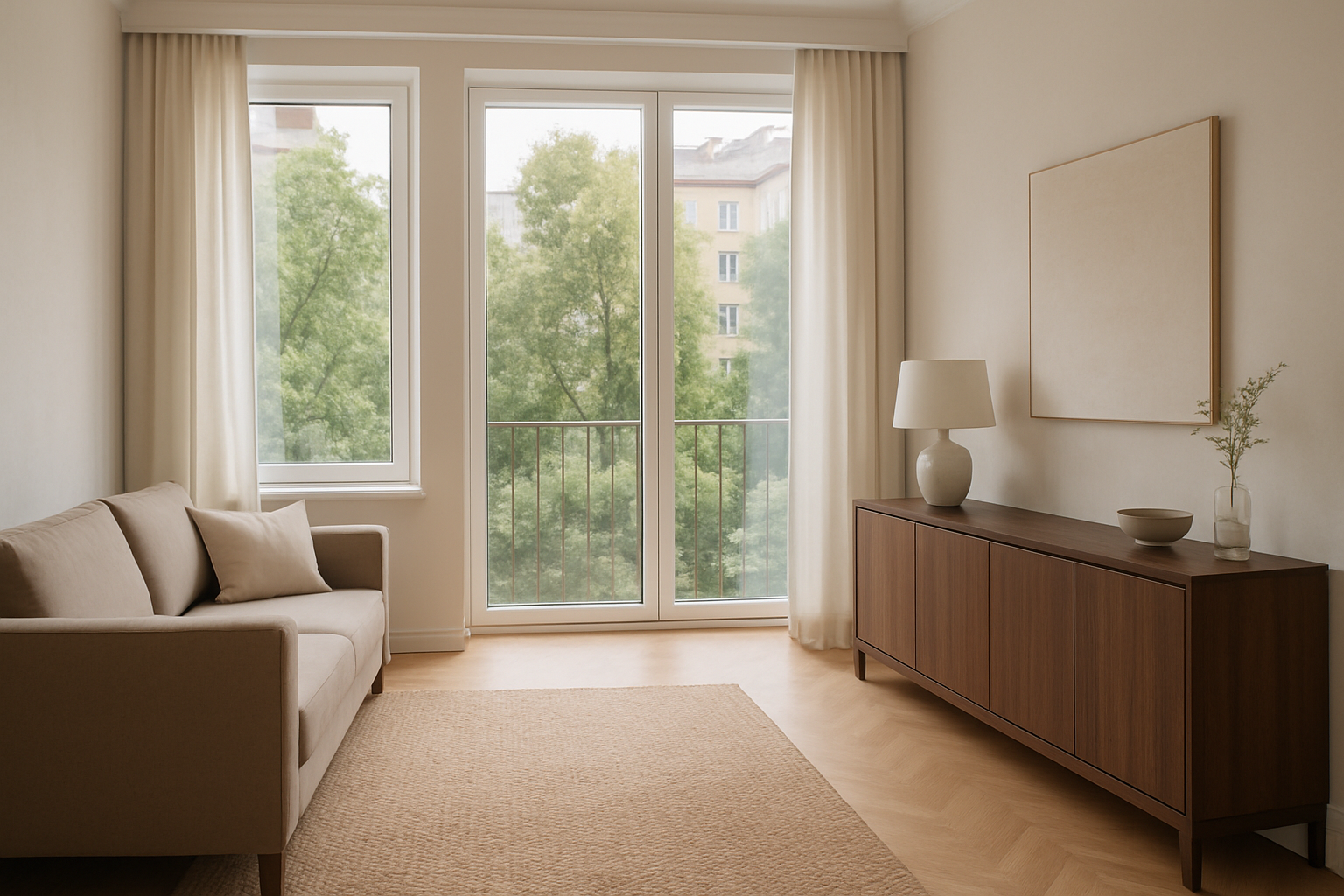 Elegant apartment with a taupe sofa, walnut furniture and leafy city views