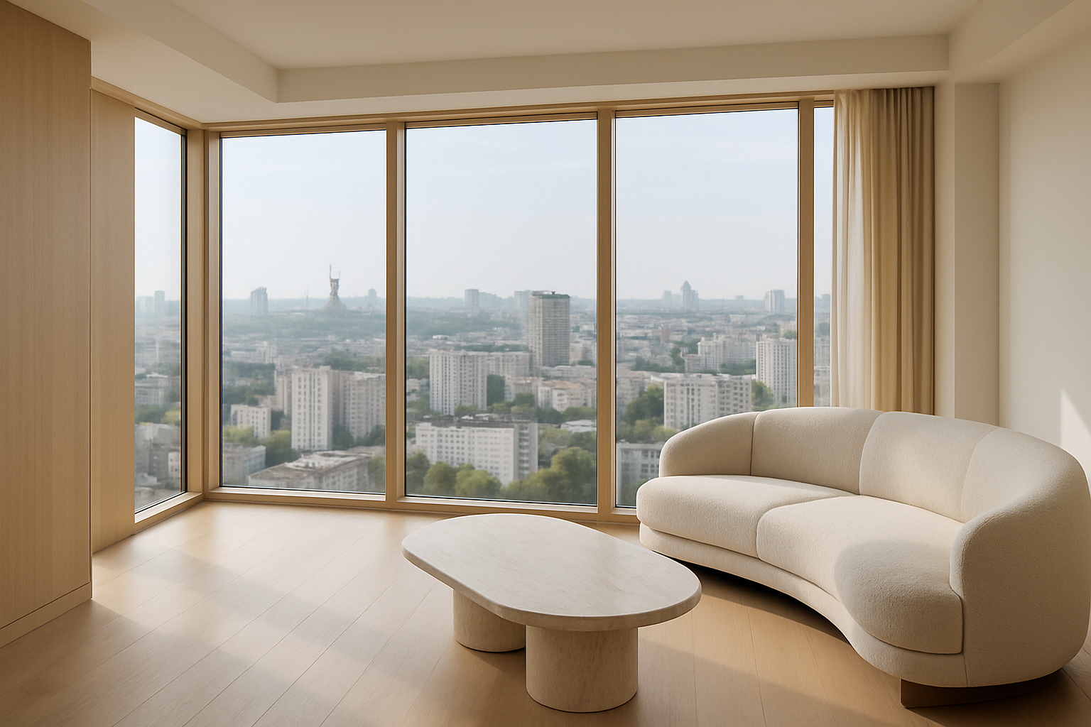 Contemporary high-floor apartment with panoramic Kyiv views and a curved ivory sofa