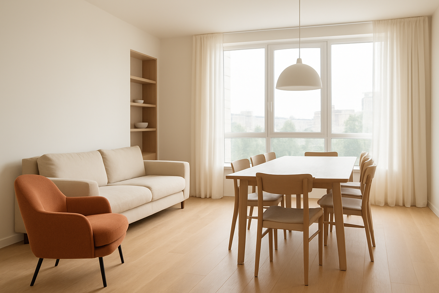 Spacious apartment with a terracotta armchair, natural oak table and large windows