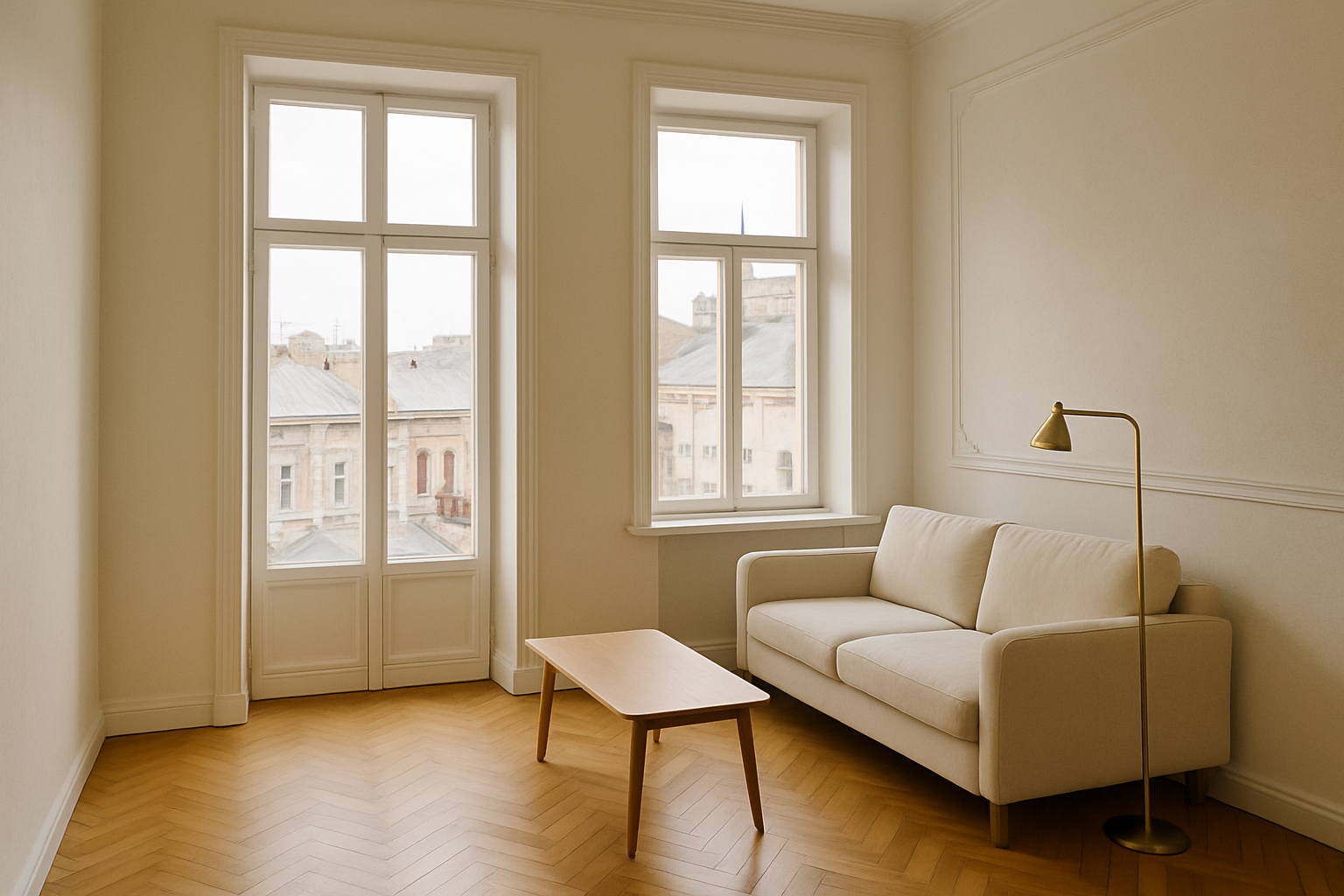 Airy apartment with tall windows, warm parquet and a cream sofa