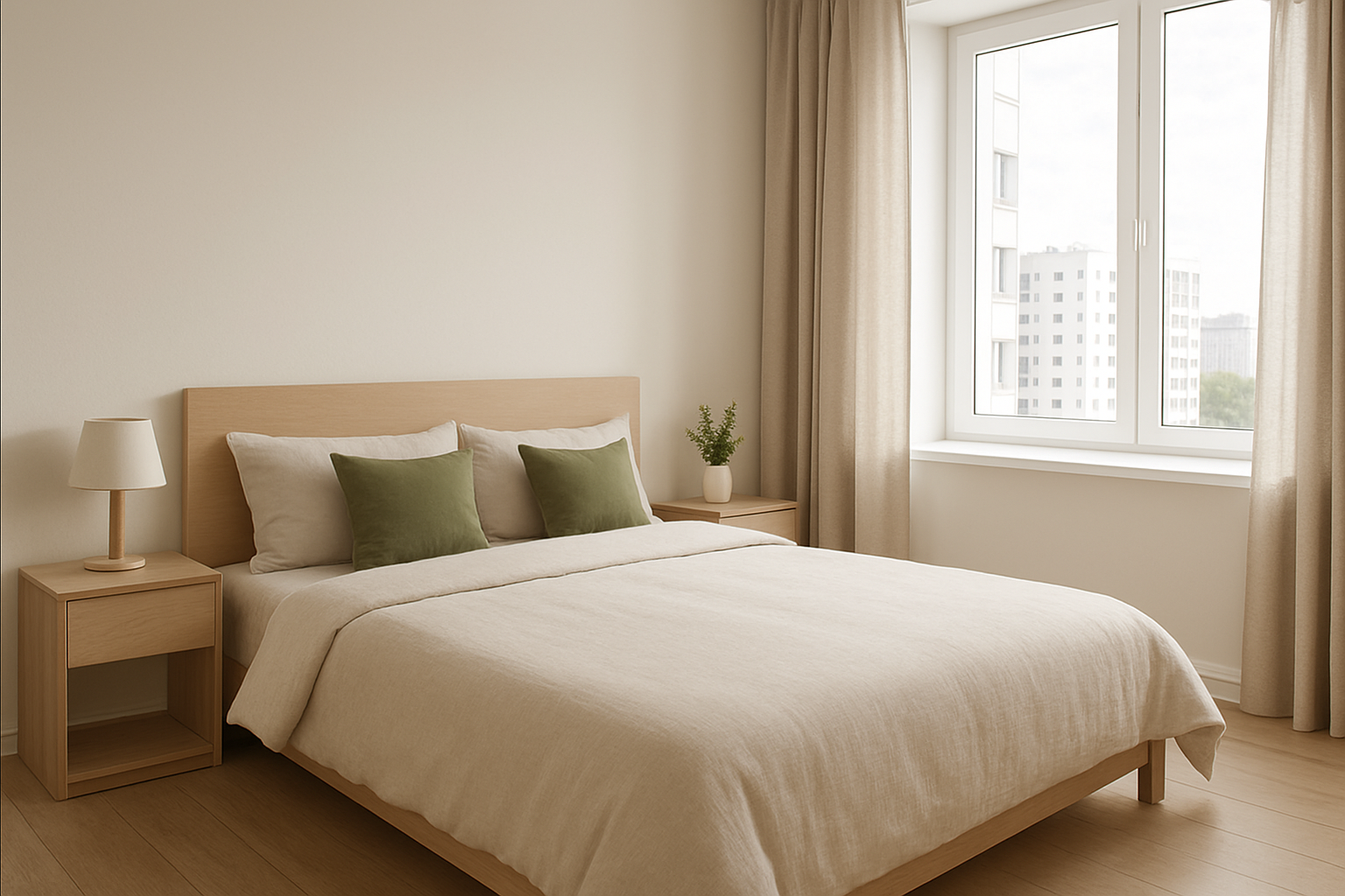 Reference bedroom with linen bedding and oak furniture