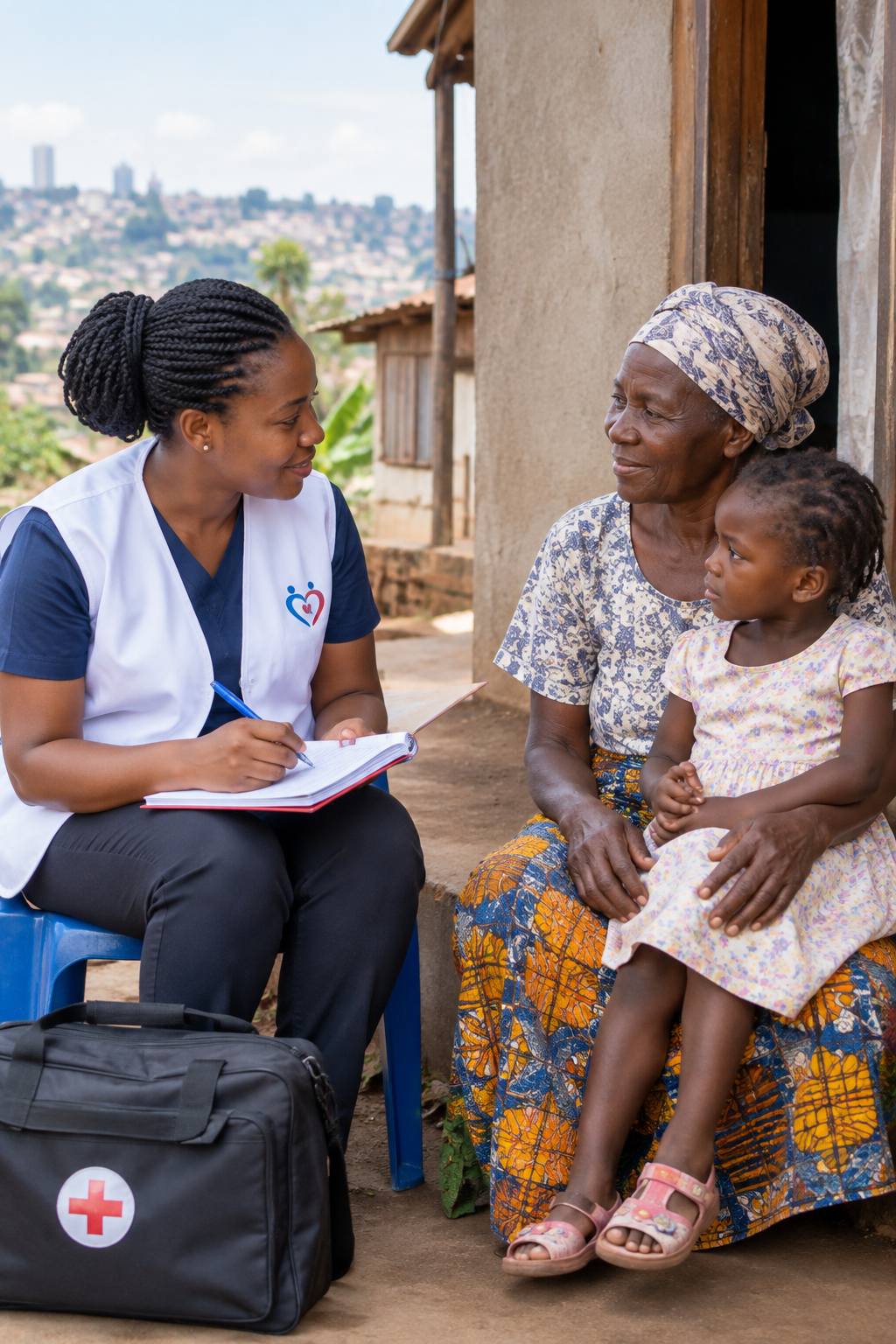 A respectful community health outreach visit in Kampala with a caregiver, child, and outreach worker in conversation