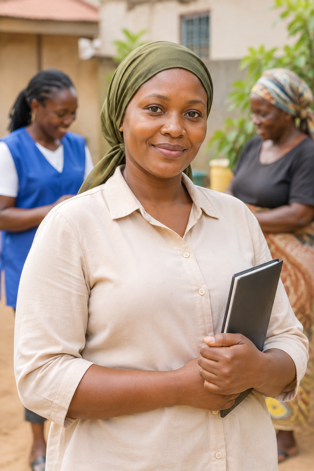 Portrait of a warm volunteer support lead in a neutral beige blouse, smiling with caregivers in a community setting