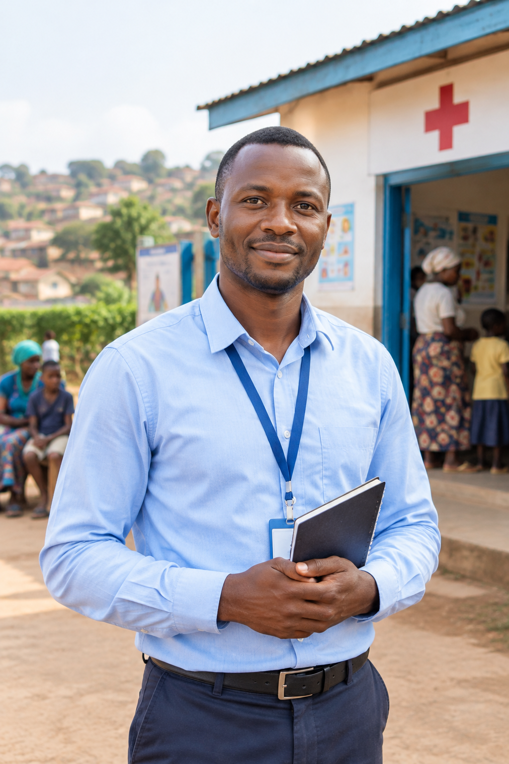 Portrait of a community health coordinator wearing a light blue shirt and holding a notebook outside a local clinic