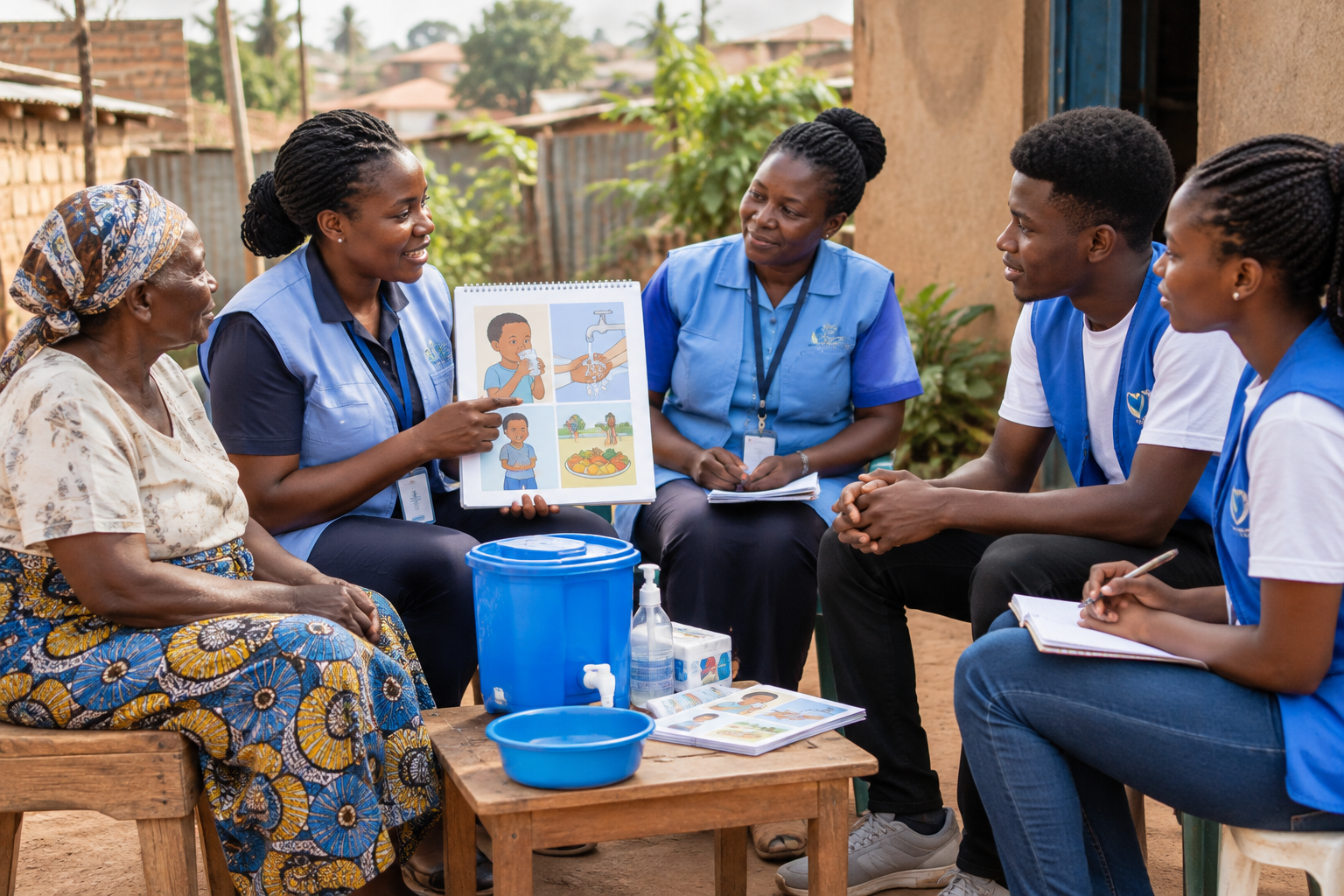 Village health workers and young volunteers facilitating a small community education circle with caregivers