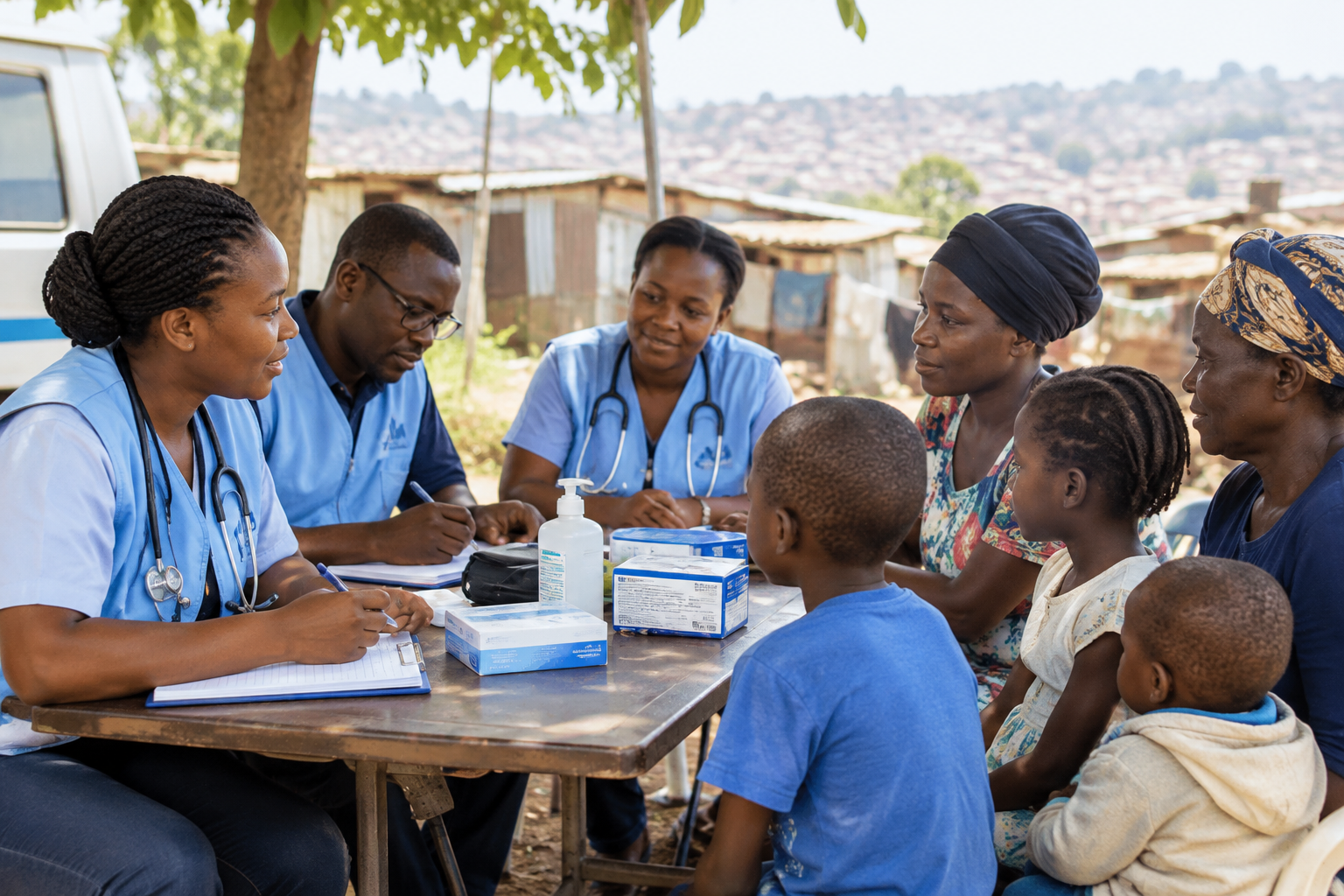 Community health team consulting caregivers and children at a respectful outdoor mobile clinic station in Kampala