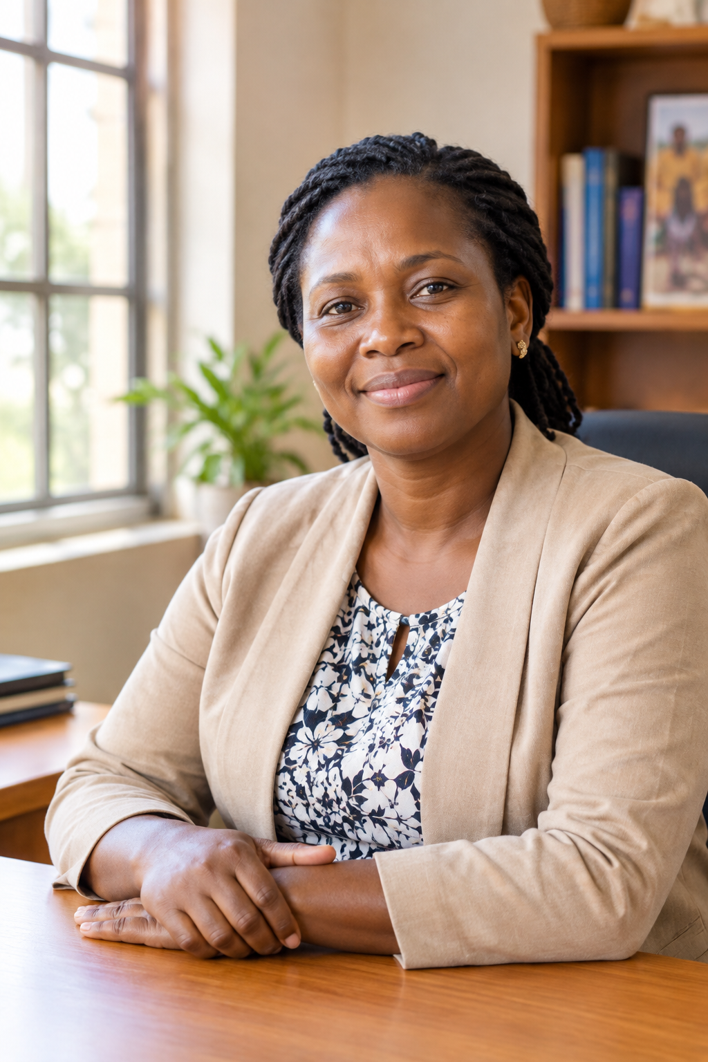 Portrait of a calm Ugandan nonprofit founder in modest professional clothing, seated indoors with soft natural light