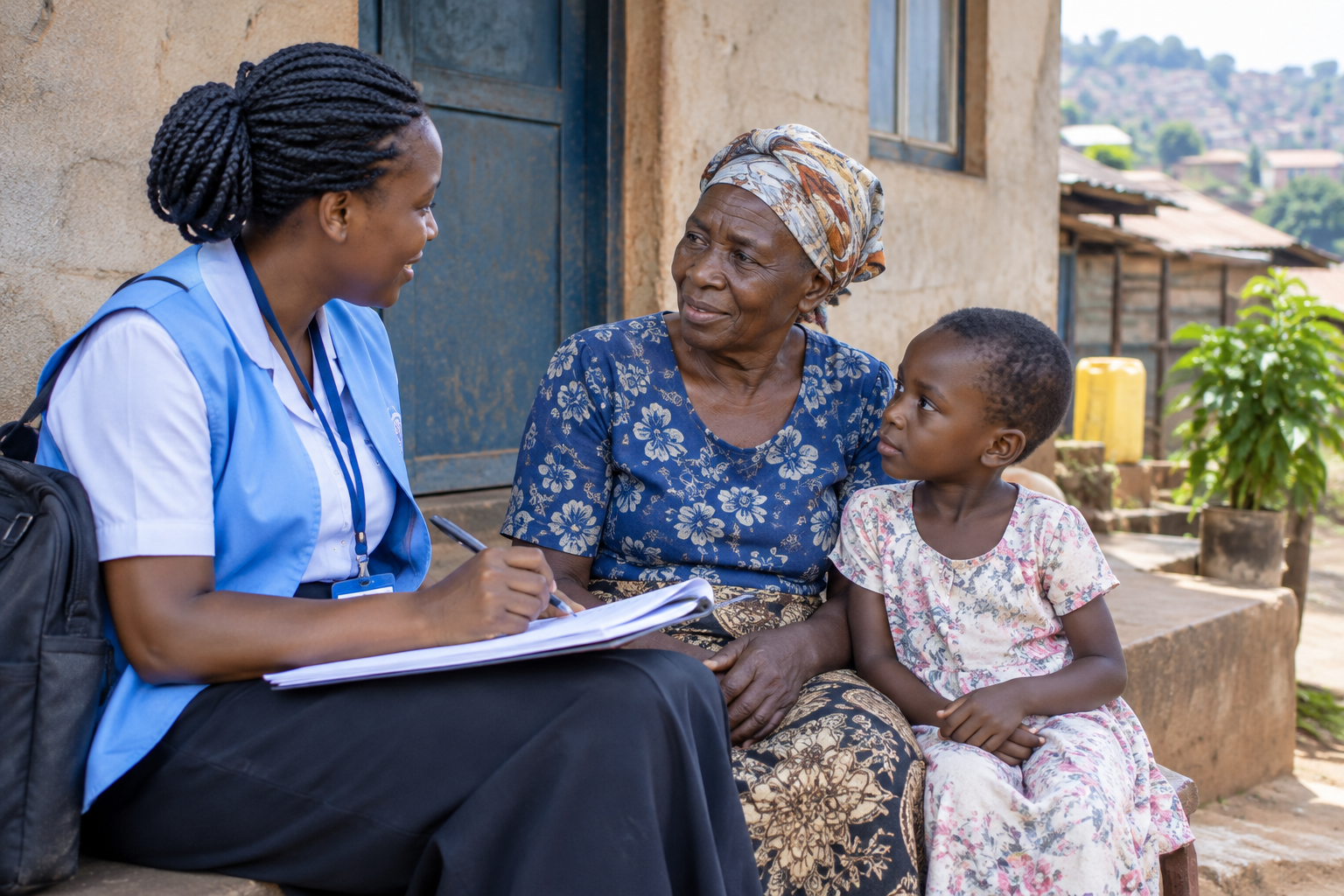 Compassionate community health worker speaking with an elderly woman and a child during a respectful home care visit in Kampala