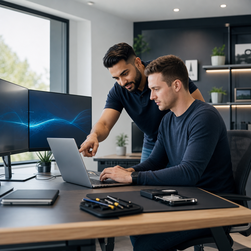 Professional IT technician assisting a customer with a laptop in a clean modern workspace, calm and trustworthy support atmosphere