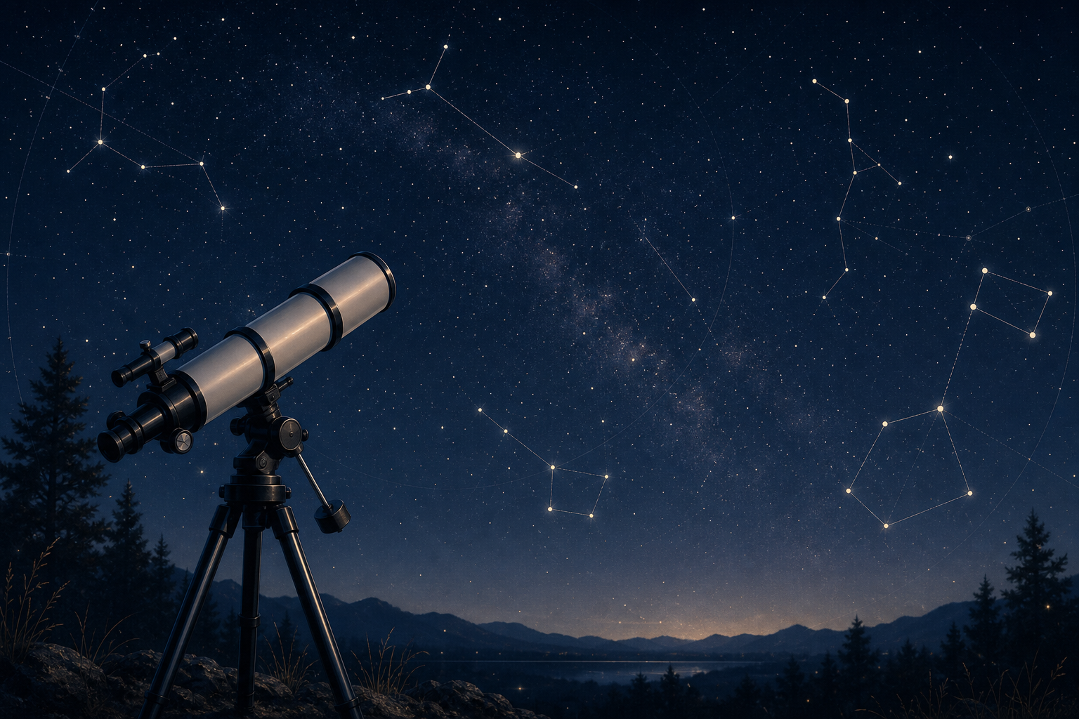 Calm telescope under a starry night sky with a simple overlaid star map