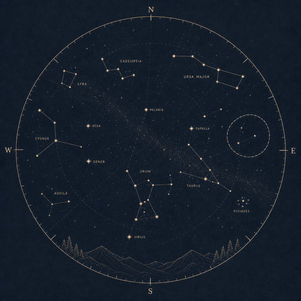 Minimal hand-drawn style star chart with constellation lines, cardinal direction marks, and a highlighted observing window