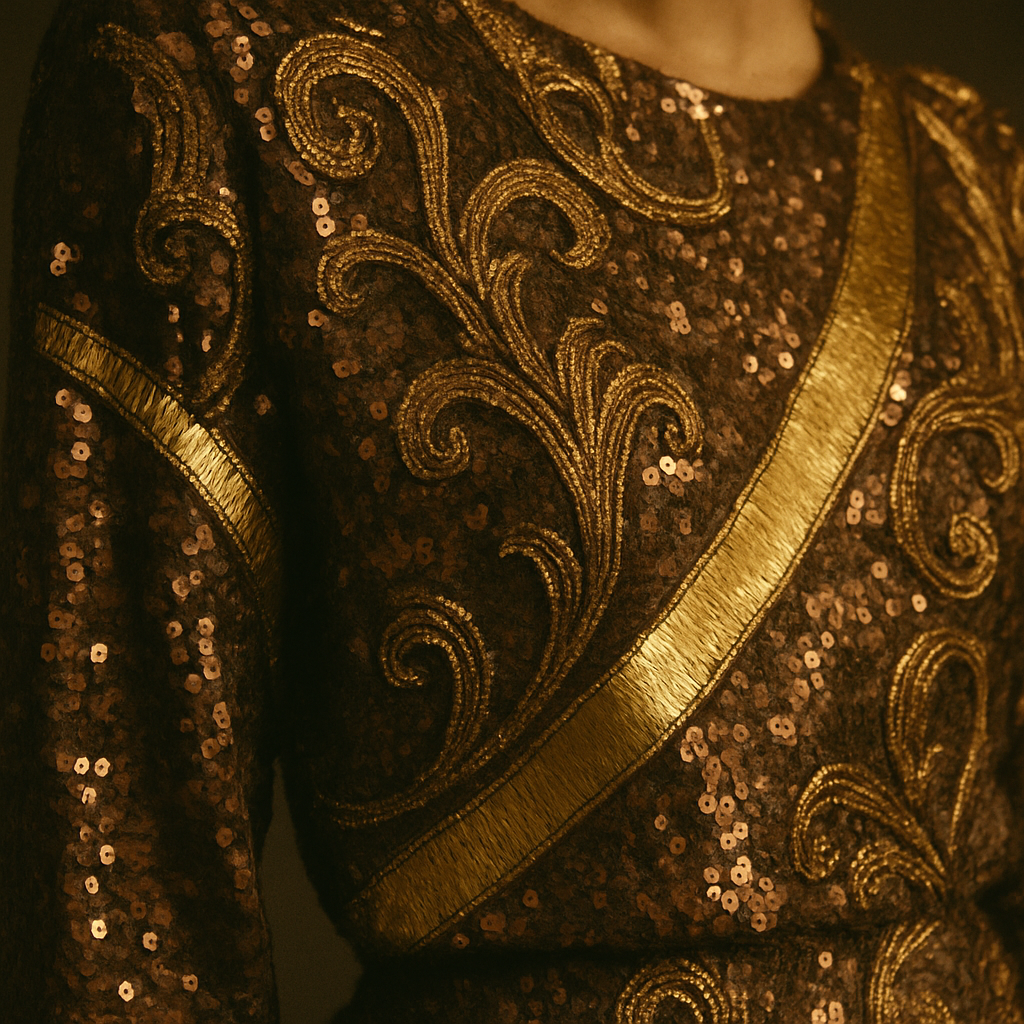Close-up of a sequined 80s statement piece with gold accents and textured fabric