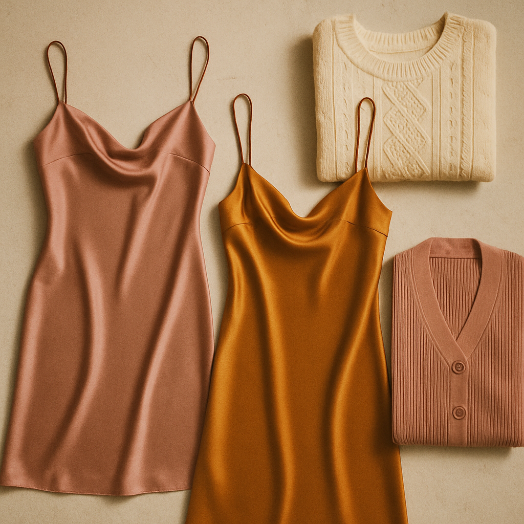 Flat lay of satin slip dresses and soft knits in dusty rose and amber tones