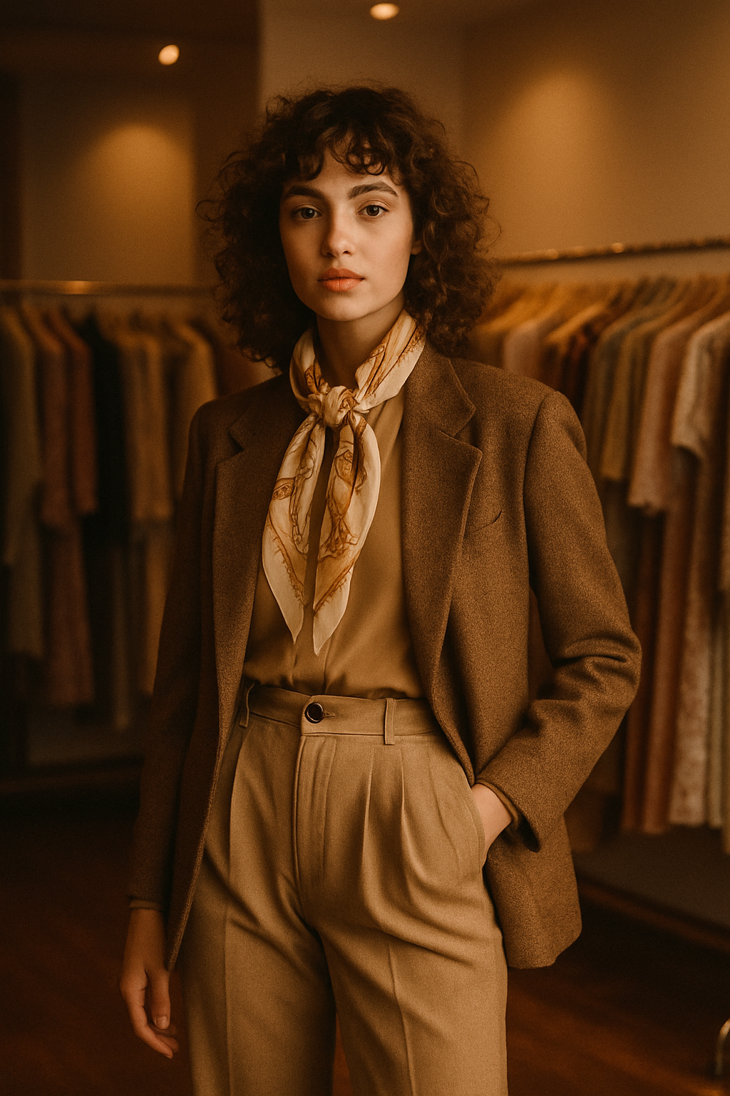 Stylish model wearing authentic 70s-80s vintage clothing in a warm film-inspired setting