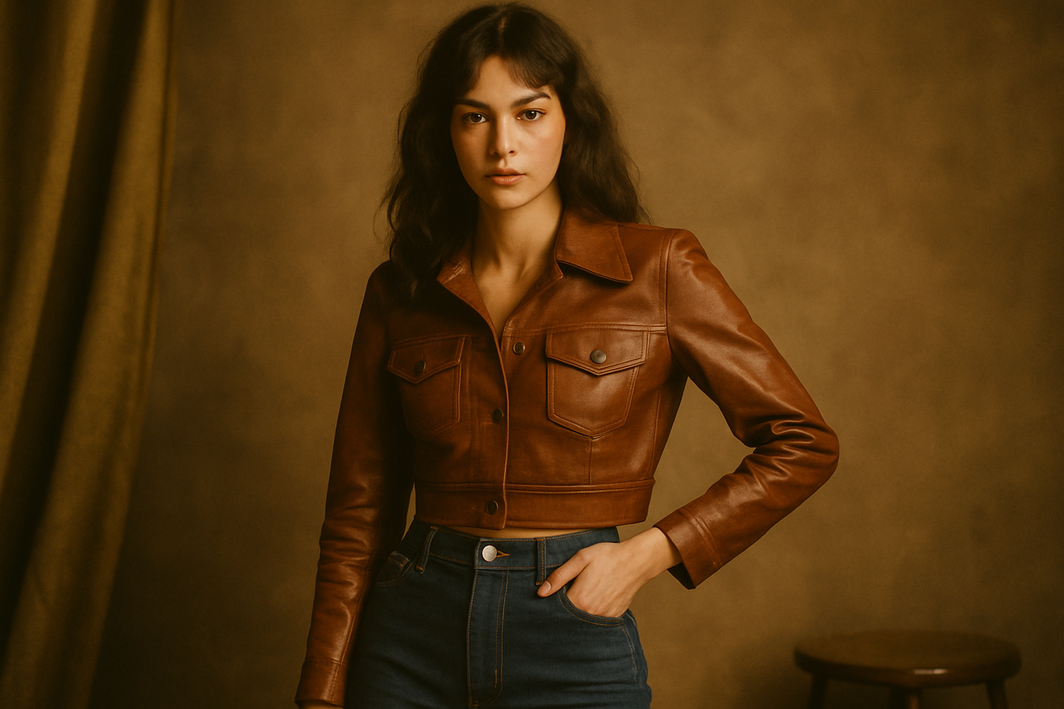Model wearing a cropped 70s leather jacket with high-waist denim in a warm studio setting