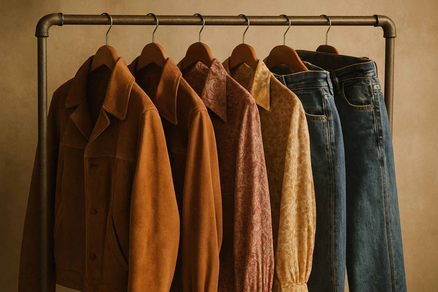 Warm editorial photograph of a curated rack of 70s and 80s vintage garments with rich textures and warm film tones