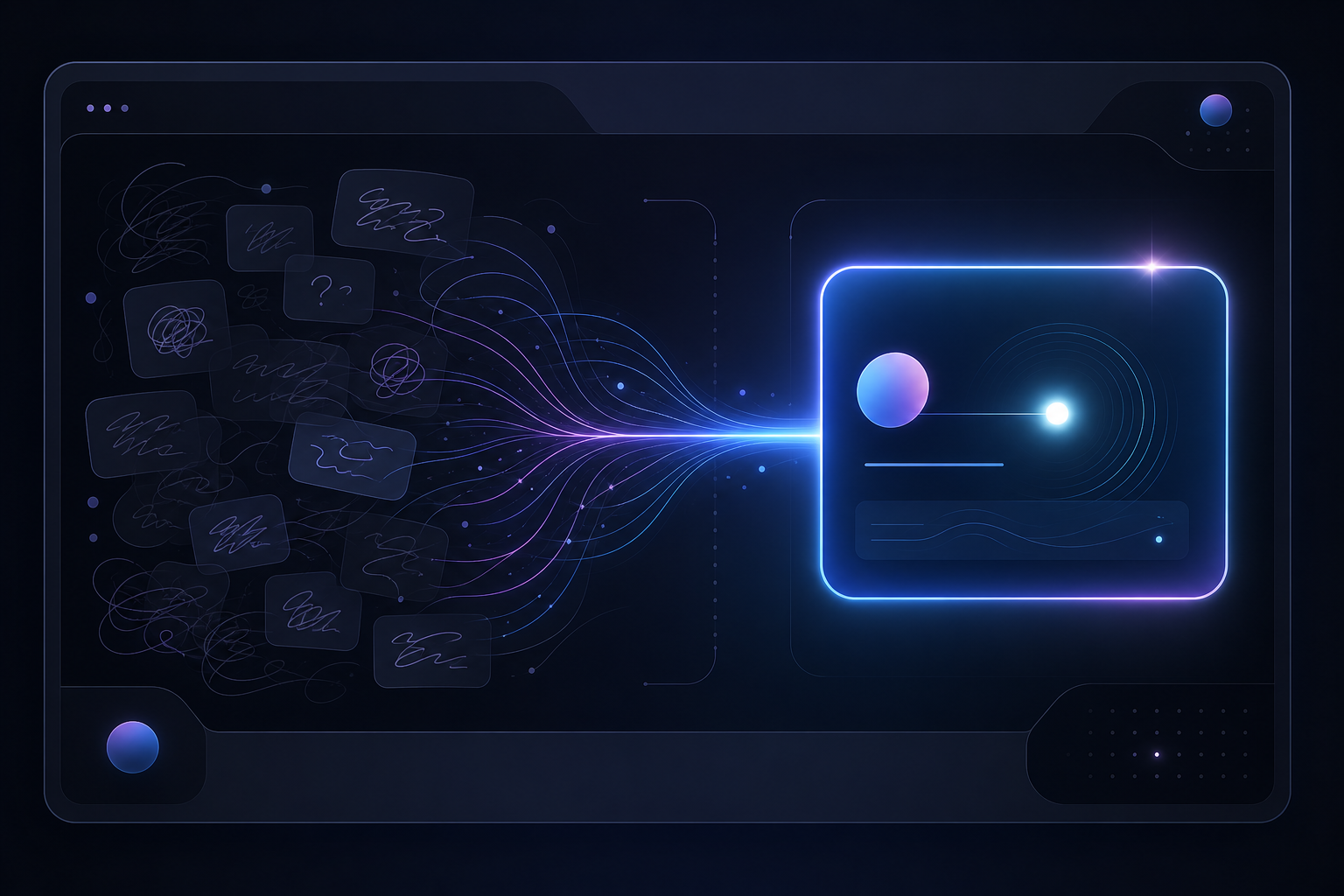 Abstract futuristic visual of scattered thoughts converging into one clear guiding question inside a sleek AI interface