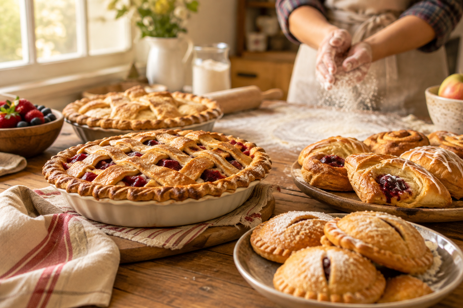 Freshly baked pies and pastries on a rustic wooden table beside baker hands dusting flour