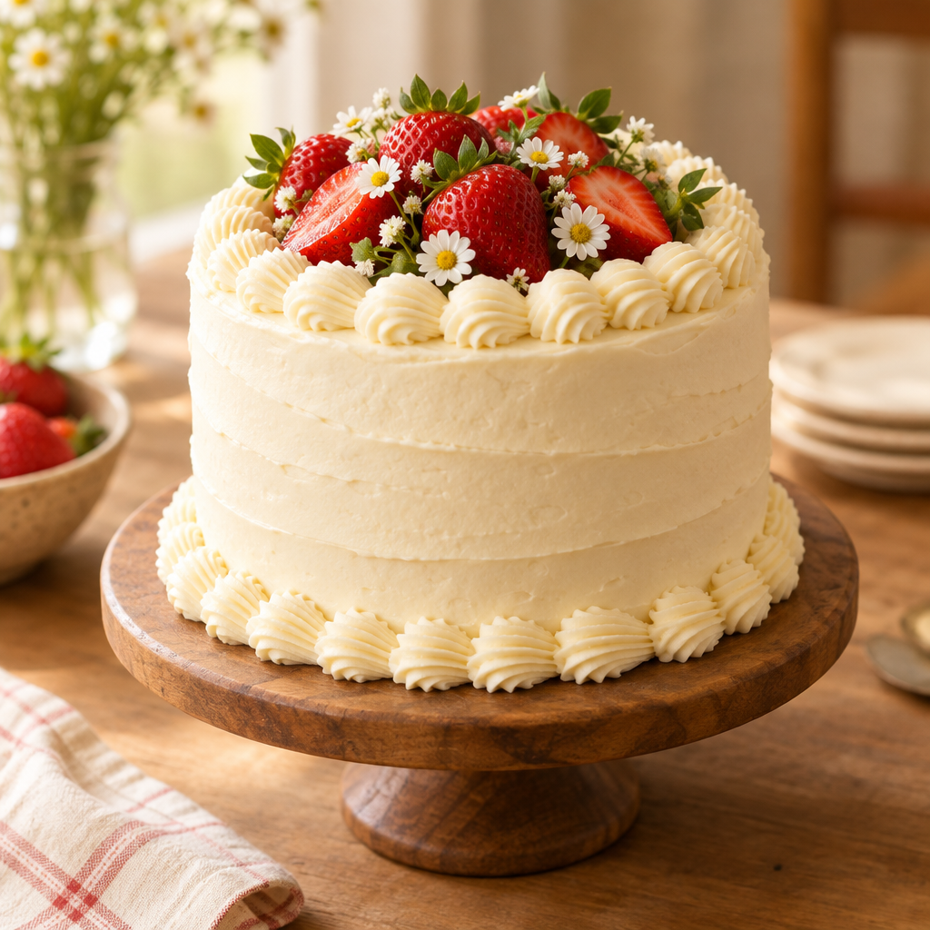 Three-layer vanilla celebration cake with buttercream swirls, fresh strawberries, and piped borders on a wooden cake stand