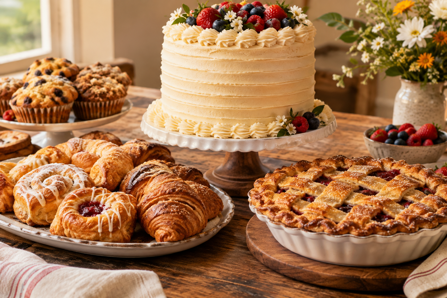 Assorted homemade celebration desserts on a rustic table including a frosted layer cake, golden fruit pie, and flaky pastries arranged for an event