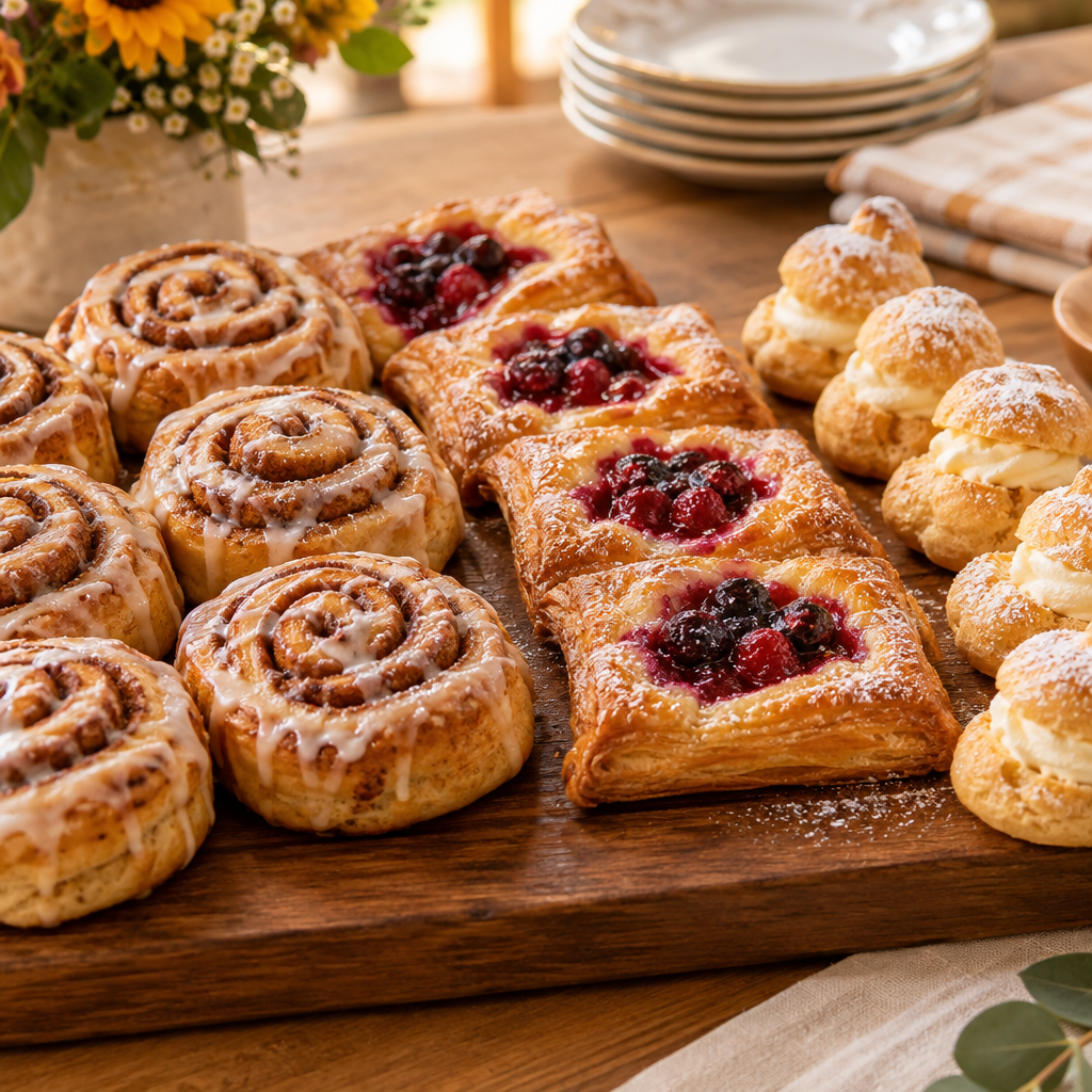 Assorted pastries including cinnamon rolls, fruit danishes, and mini cream puffs arranged on a warm-toned serving board