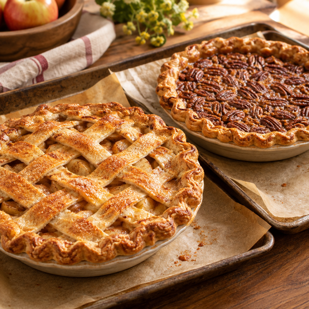 Golden lattice apple pie and a deep-dish pecan pie on parchment-lined trays with rustic flaky crust texture