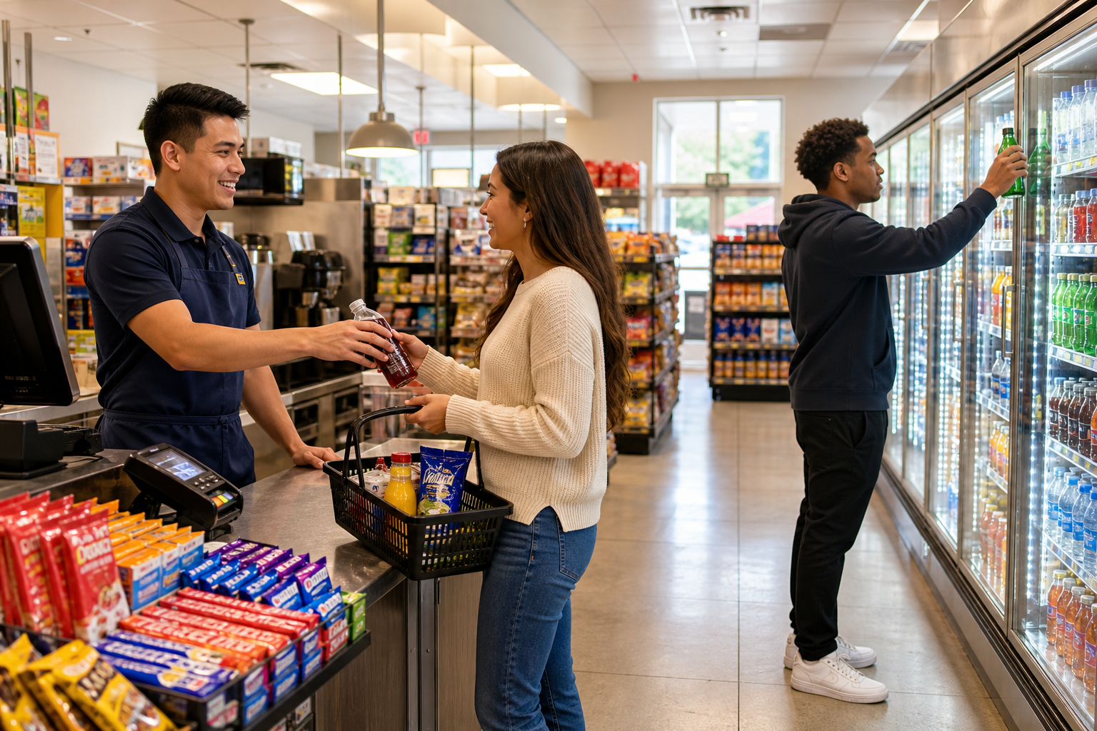 Bright neighborhood convenience store interior with welcoming staff and customers picking grab-and-go snacks and drinks