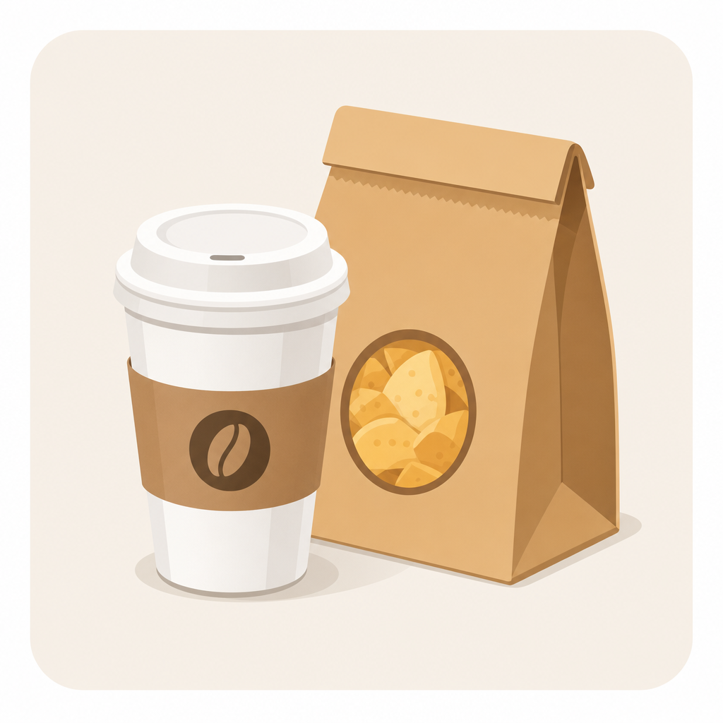 Small flat illustration of a takeaway coffee cup and snack bag used as a supporting accent beside the use-case cards