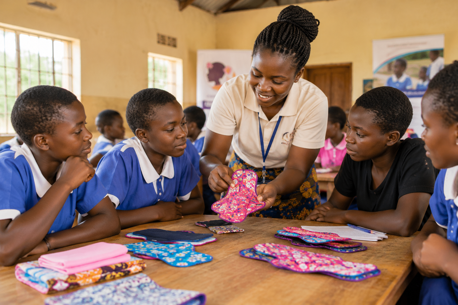 Teenage girls smiling during a reusable pad making workshop with fabric materials and guidance from a female mentor