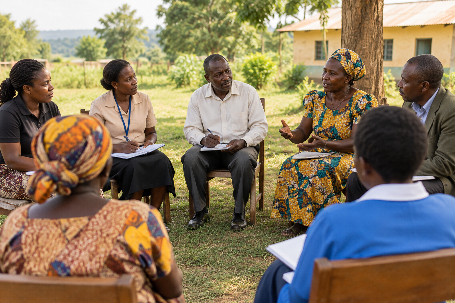 Community safeguarding session with caregivers and local leaders seated in a circle during a child protection discussion