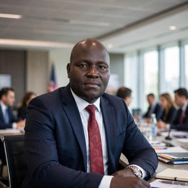Community leader in a navy suit seated at a partnership meeting table