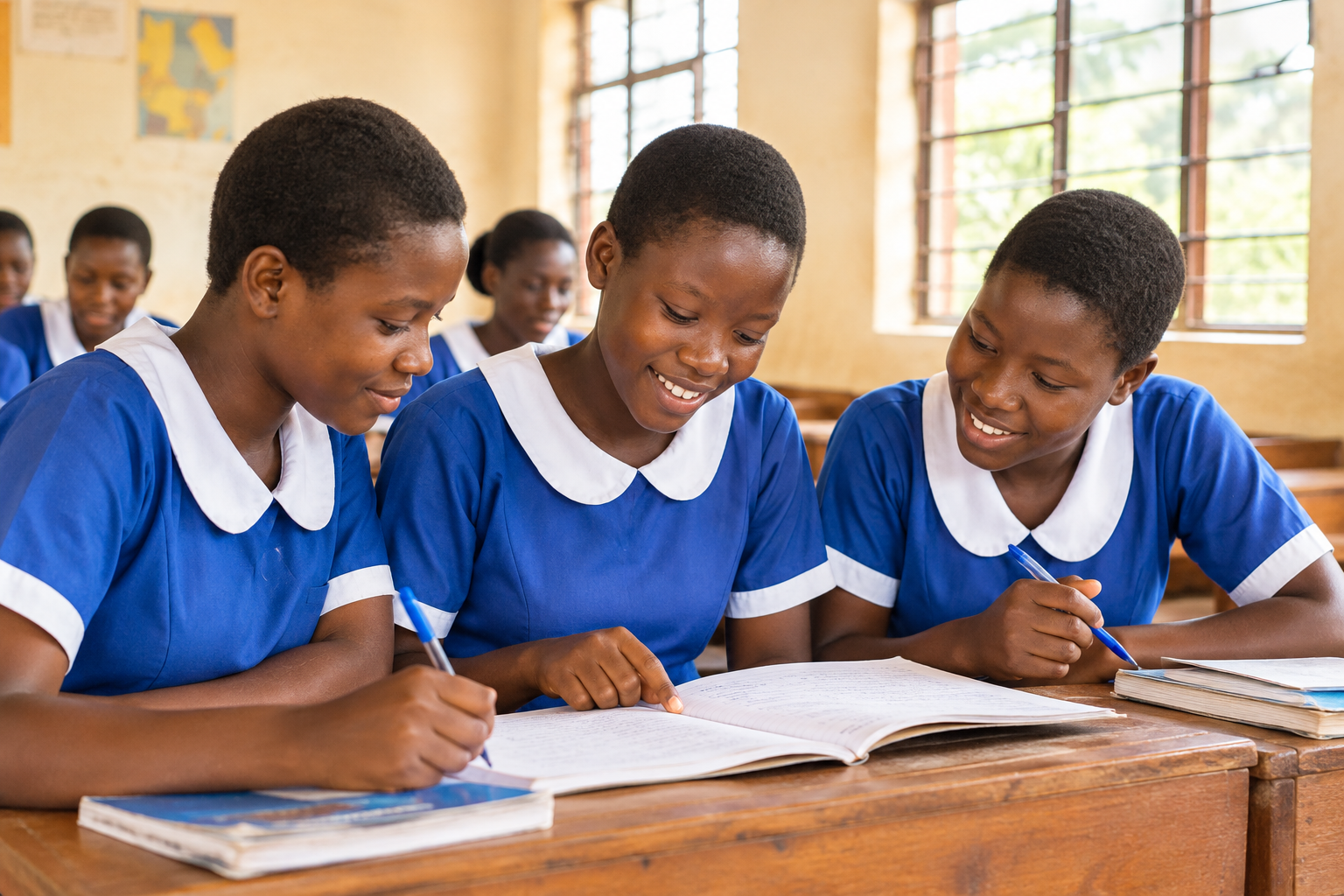 School-age girls in blue uniforms studying together at wooden desks in a bright classroom in Zombo District