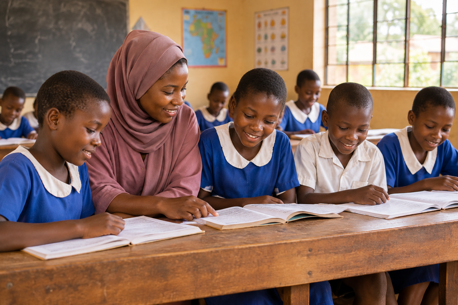 A caring mentor guiding school-age children in a bright classroom community setting, with respectful interaction and a calm, supportive atmosphere