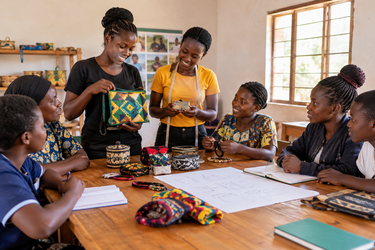 Young women and youth participants presenting handmade products and discussing small business ideas at a community training table