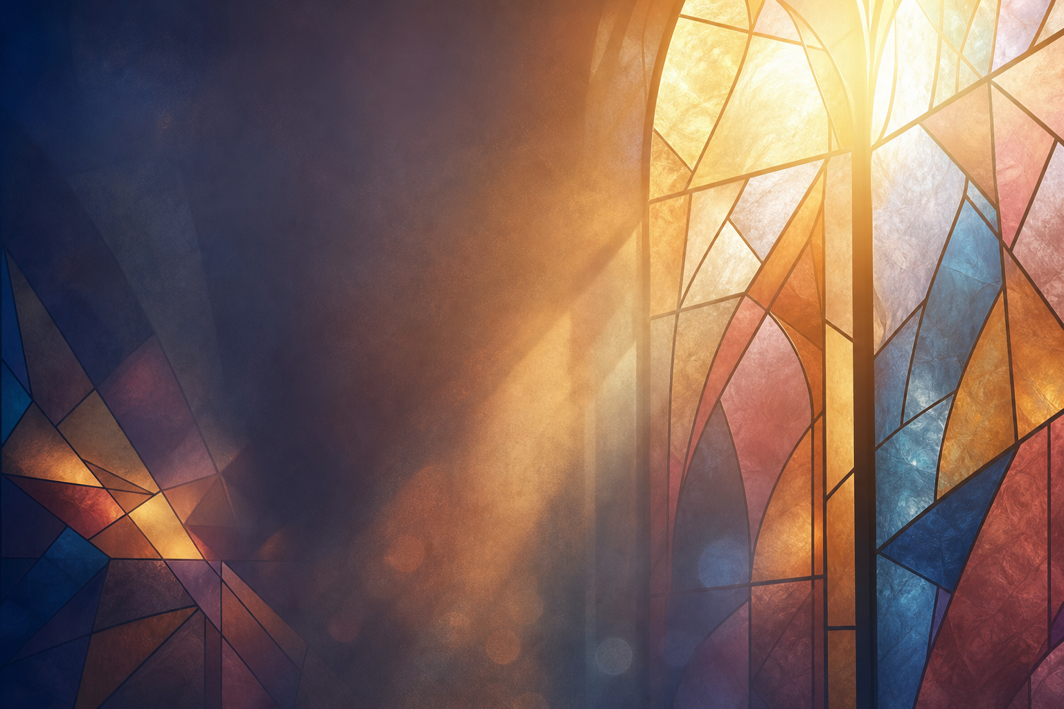 Luminous abstract stained-glass church-light scene with warm amber, soft rose, and deep blue geometric panes glowing through diffused church-window light
