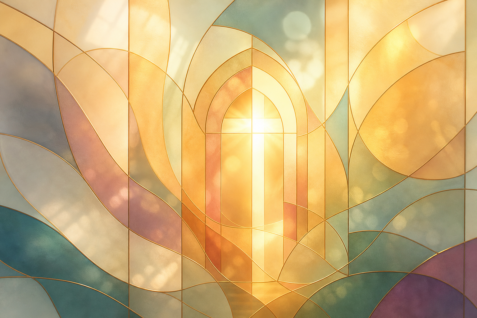 Warm abstract stained-glass-inspired church light with soft golden glow and gentle layered shapes